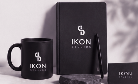 Ikon Studios mug, notebook and brand stationery